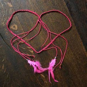 Boho Fashion Pink Skinny Belt Tie Wrap Feathers